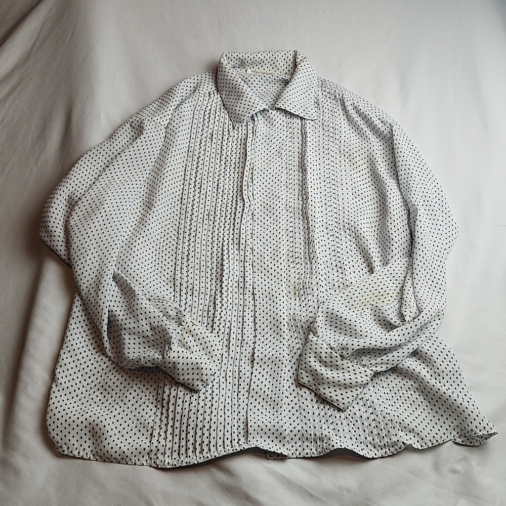 Vintage 90s Jones New York Blouse Women's White Navy Polka Dot Size Medium
